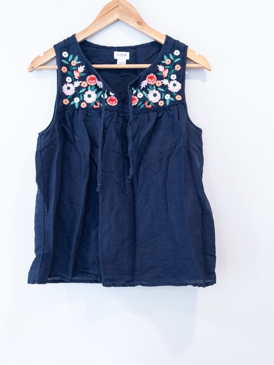 J. Crew Tops - J. Crew Cotton & Linen Blue Sleeveless Embroidered Flower Top Artsy Cottage Boho